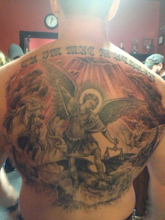 Classic Black And Grey Archangel Michael Tattoo On Man Upper Back