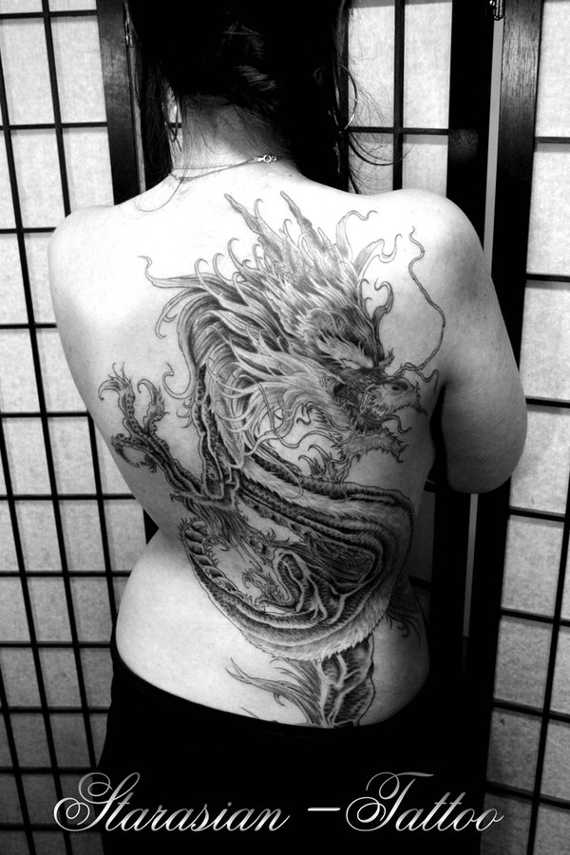 Classic Black And Grey Dragon Tattoo On Women Full Back