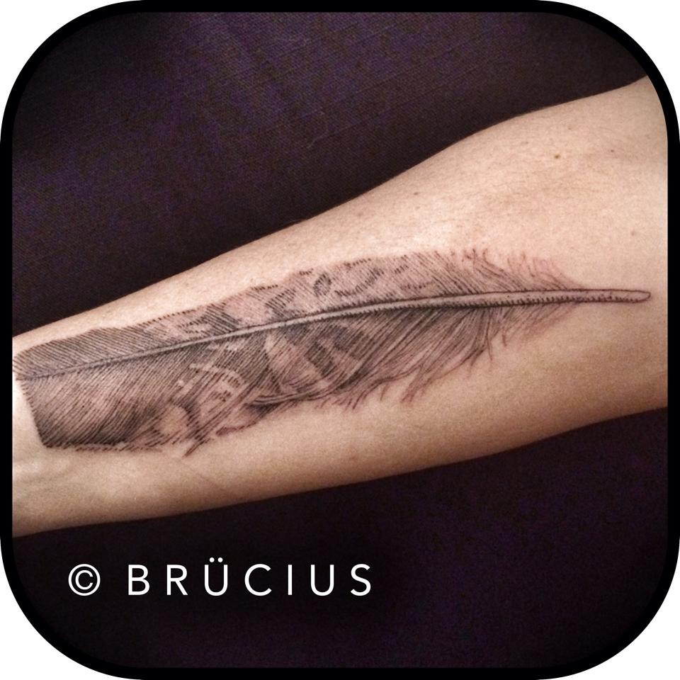 Classic Black Feather Tattoo On Forearm By Brucius
