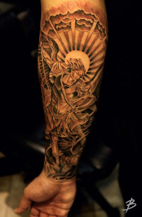 Classic Black Ink Archangel Michael Tattoo On Forearm