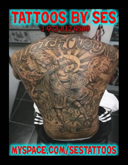 Classic Black Ink Archangel Michael Tattoo On Man Full Back
