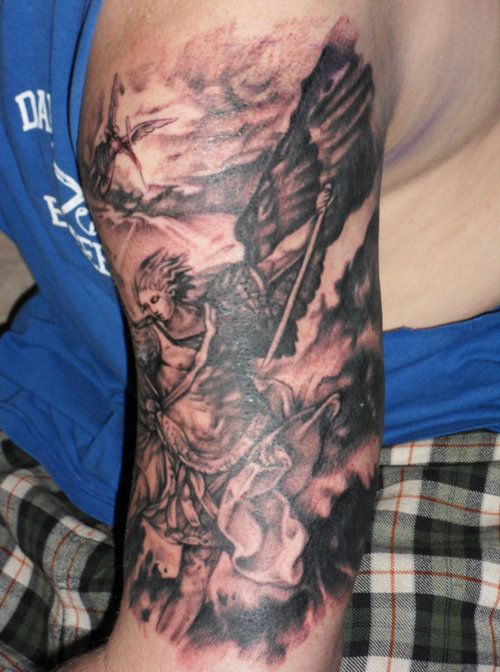 Classic Black Ink Archangel Michael Tattoo On Man Left Half Sleeve