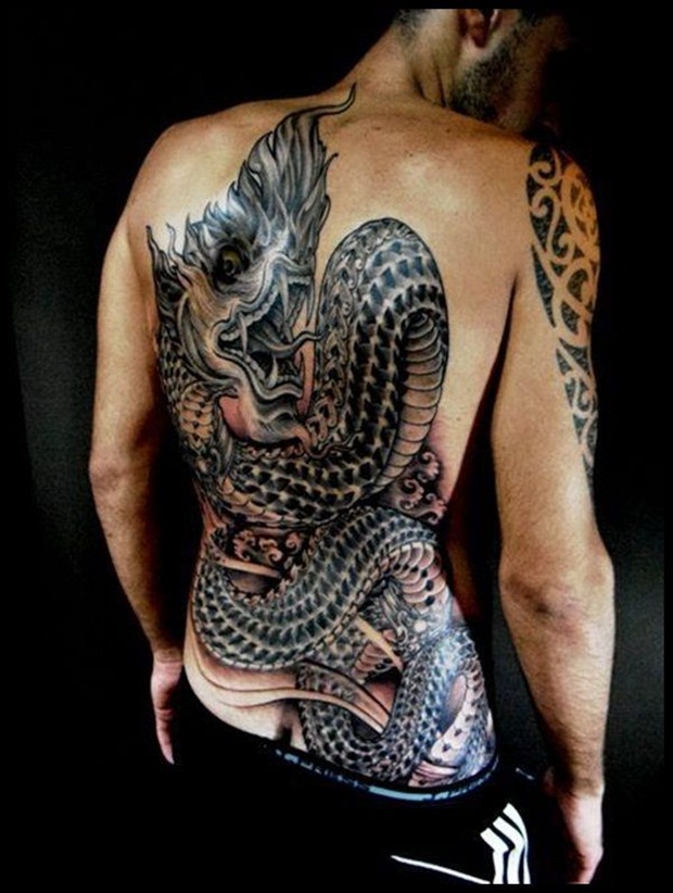 Classic Black Ink Dragon Tattoo On Full Back