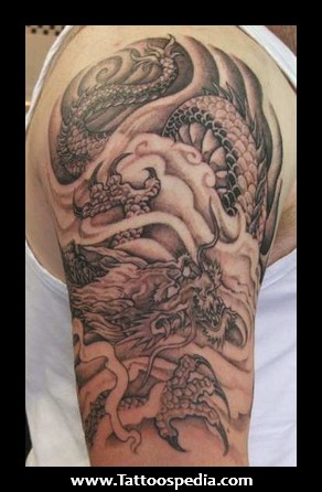 Classic Black Ink Dragon Tattoo On Right Half Sleeve