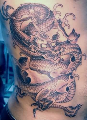 Classic Black Ink Dragon Tattoo On Right Side Rib