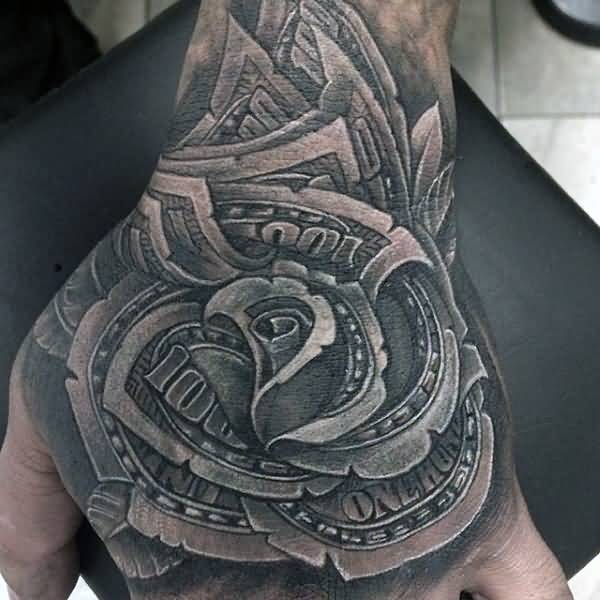 Classic Black Ink Money Rose Tattoo On Left Hand