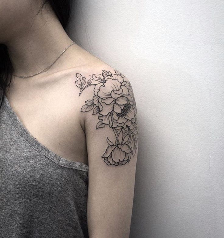 Classic Black Ink Peony Flowers Tattoo On Women Left Shoulder