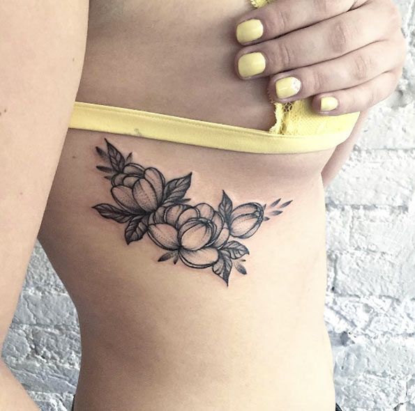 Classic Black Ink Peony Flowers Tattoo On Women Right Side Rib By Anna Bravo
