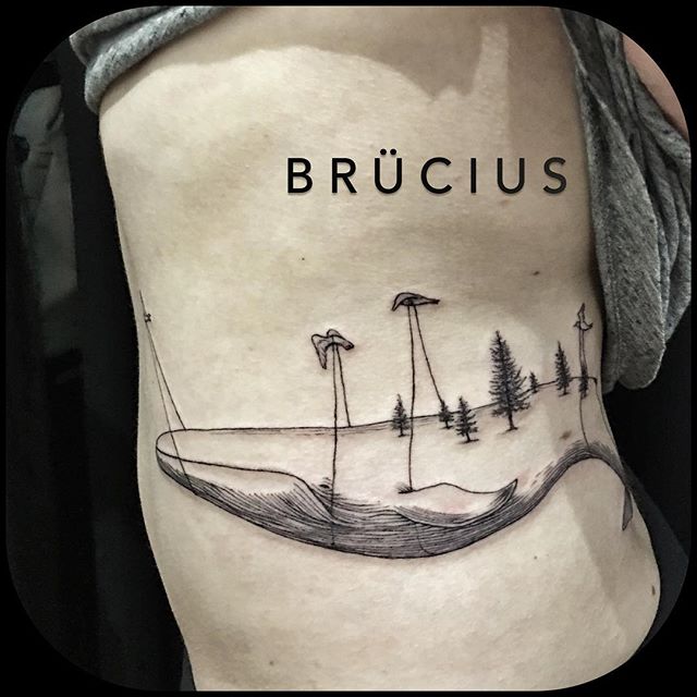 Classic Black Ink Whale Tattoo On Left Side Rib By Brucius