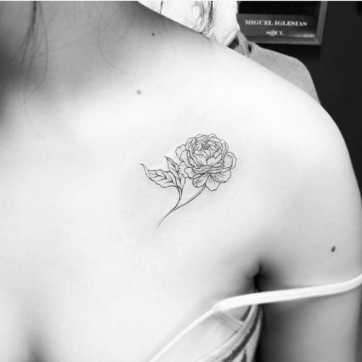 Classic Black Outline Peony Flower Tattoo On Left Front Shoulder