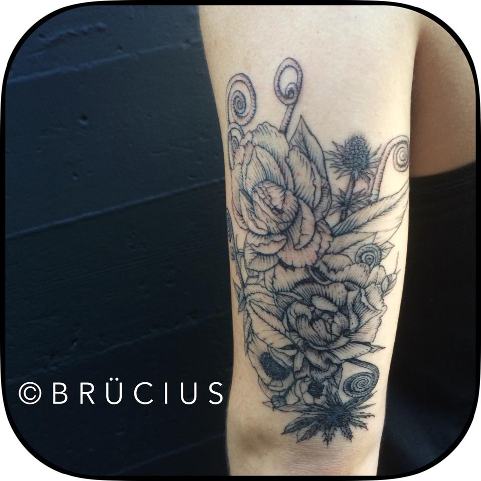 Classic Flowers Tattoo On Left Half Sleeve By Brucius