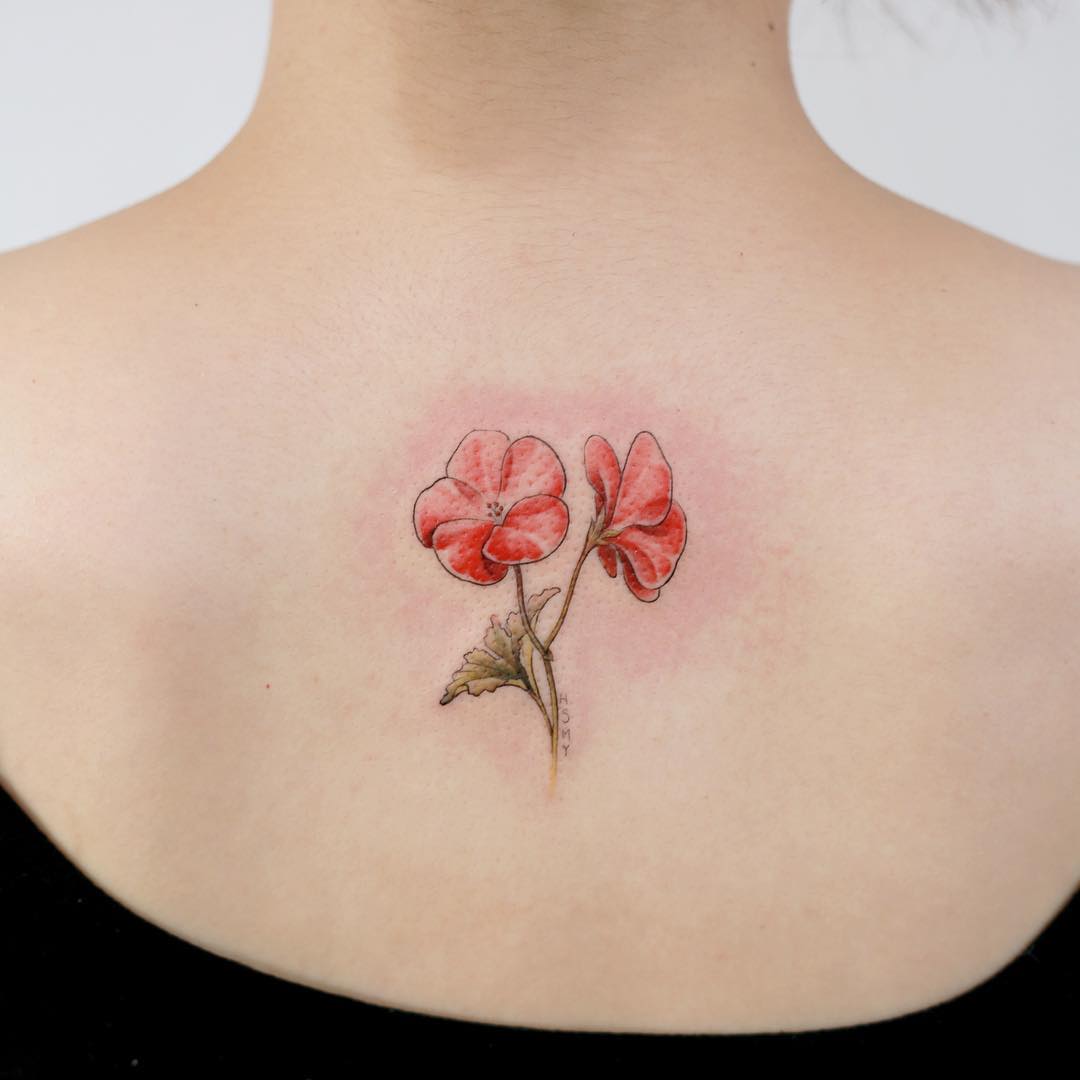 Classic Geranium Flowers Tattoo On Women Upper Back