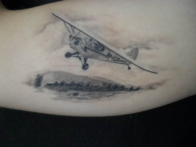 Classic Grey Ink Airplane Tattoo Design For Bicep By Vantattoo