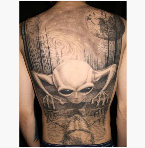 Classic Grey Ink Alien Tattoo On Man Back