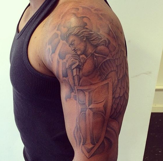 Classic Grey Ink Archangel Michael Tattoo On Man Left Half Sleeve