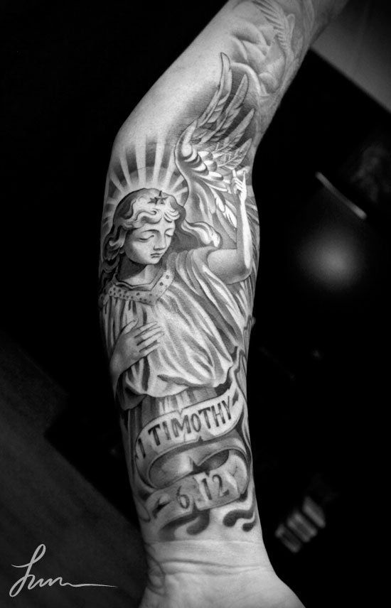 Classic Grey Ink Archangel Michael With Banner Tattoo On Forearm