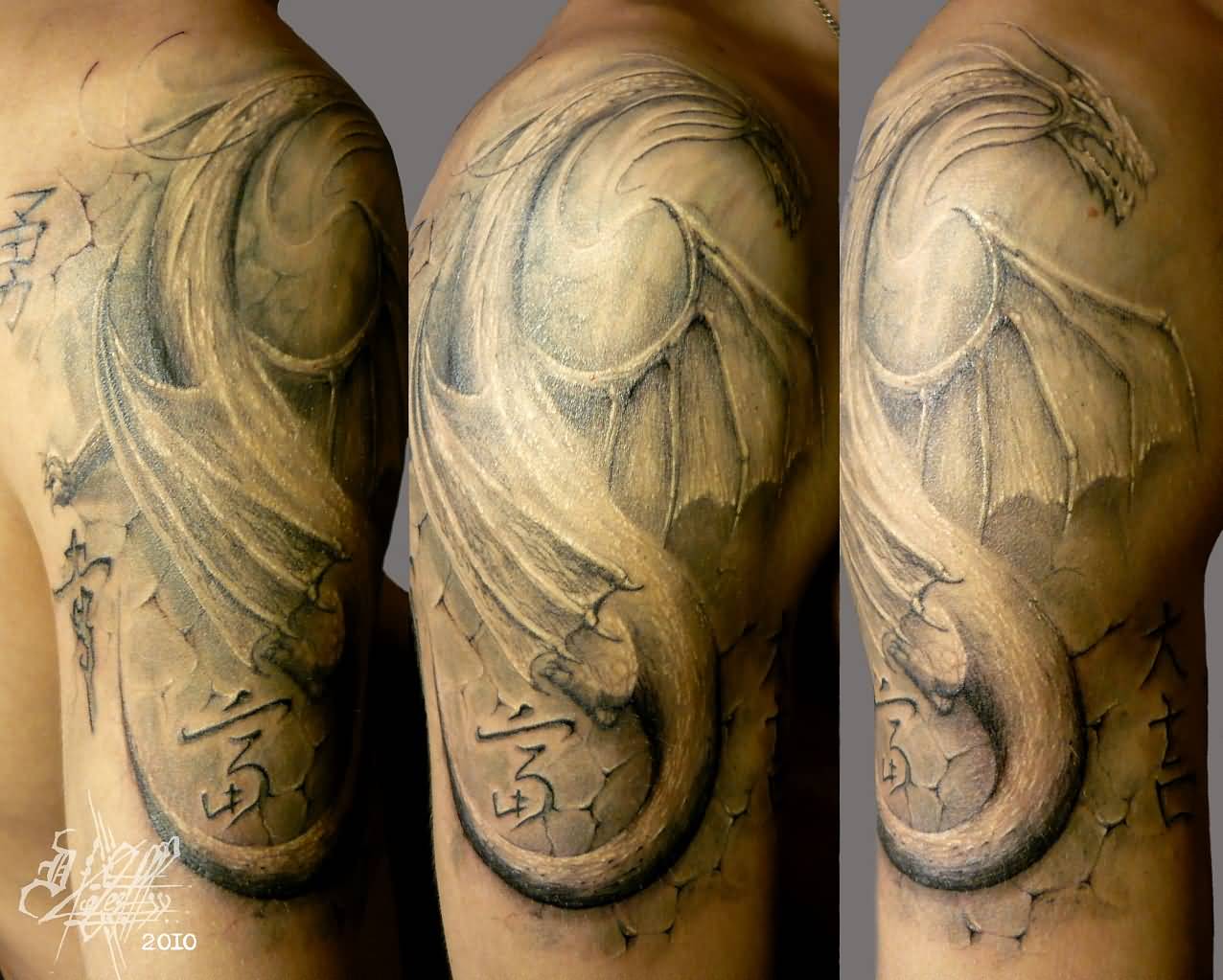 Classic Grey Ink Dragon Tattoo On Man Right Shoulder
