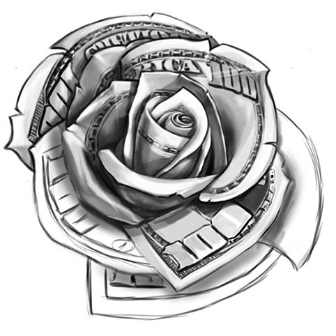 Classic Grey Ink Money Rose Tattoo Design