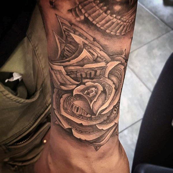 Classic Grey Ink Money Rose Tattoo On Upper Wrist