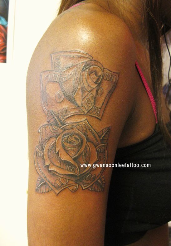 Classic Money Roses Tattoo On Women Right Half Sleeve