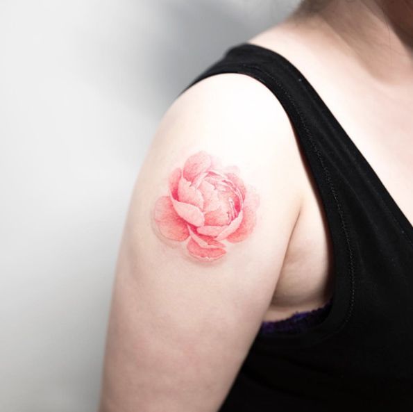 Classic Pink Ink Peony Flower Tattoo On Right Shoulder