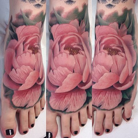 Classic Realistic Peony Flower Tattoo On Women Left Foot