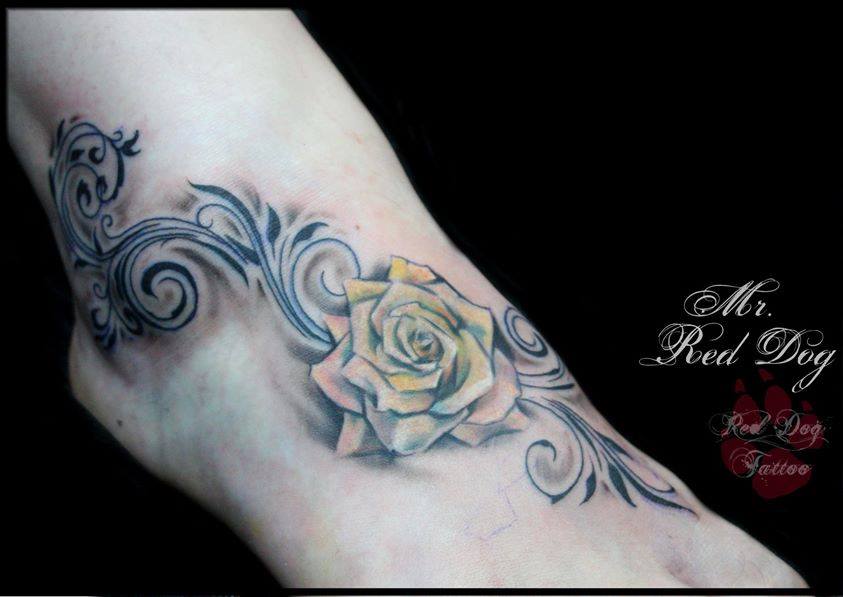 Classic Rose Tattoo On Right Foot