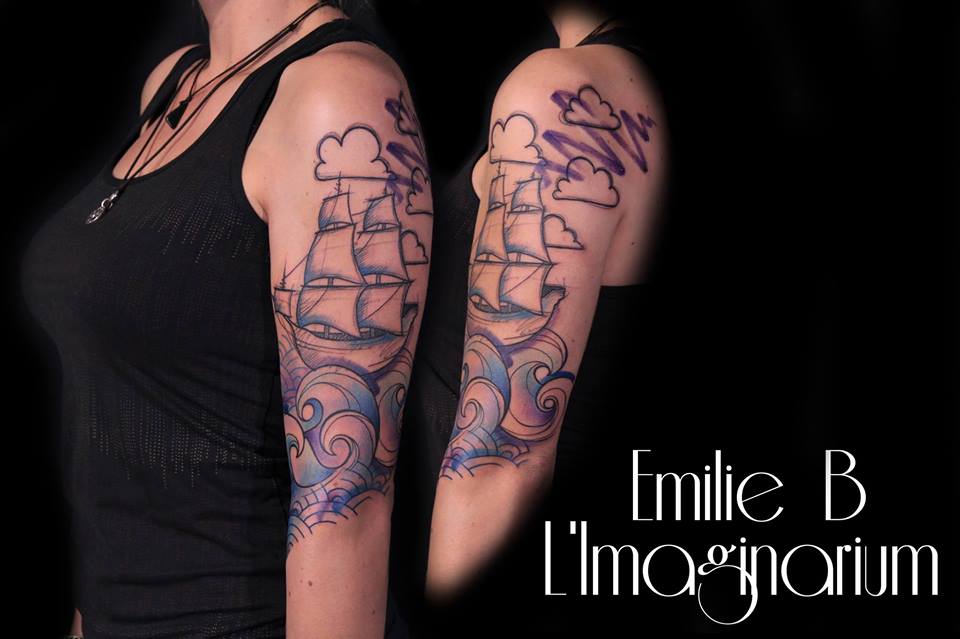 Classic Ship Tattoo On Girl Left Half Sleeve by Emilie B