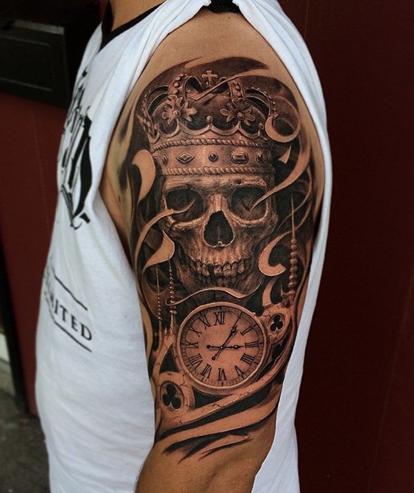 Clock And 3D Crown Skull Tattoo On Left Half Sleeve For Men