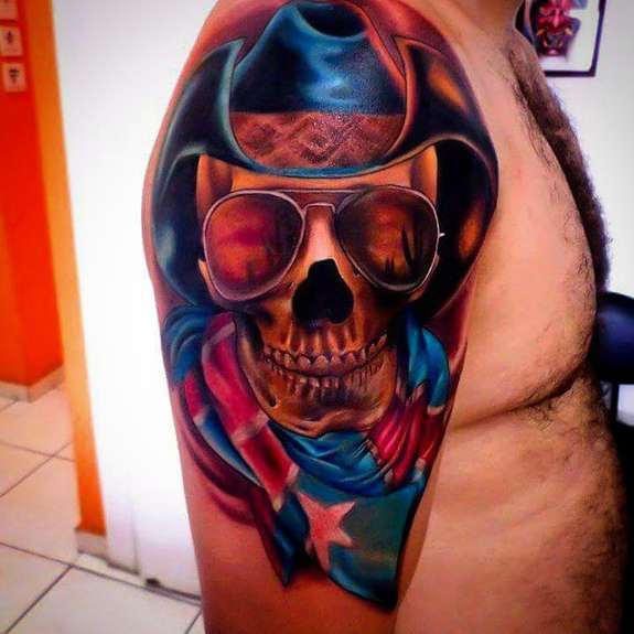 Colored 3D Skull Tattoo On Man Right Shoulder