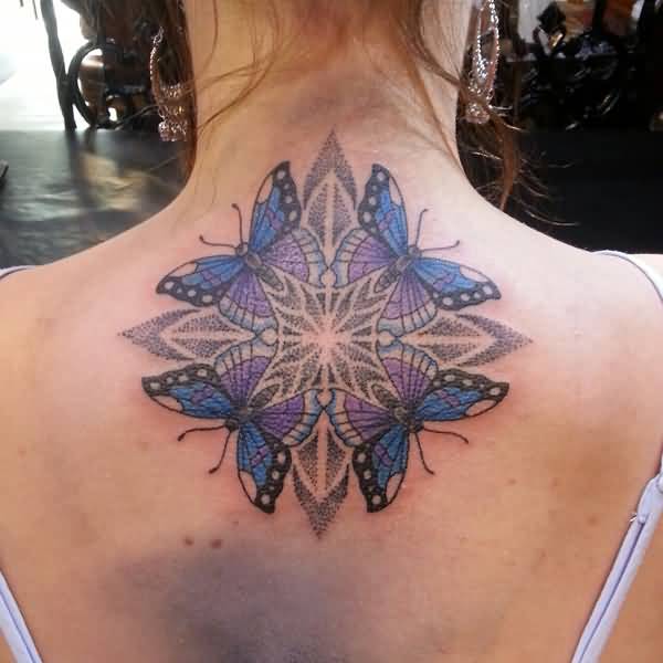 Colored Four Butterflies And Mandala Tattoo On Upper Back