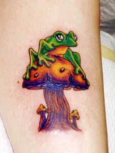 Colored Mushroom And Frog Tattoo