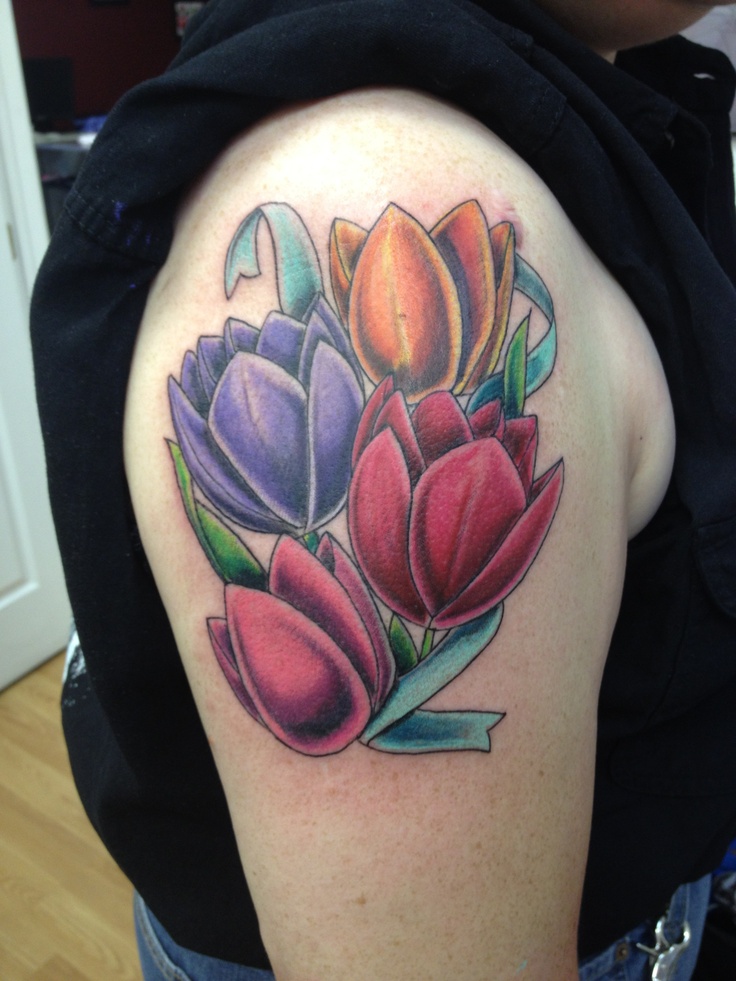 Colored Tulip Tattoos On Shoulder