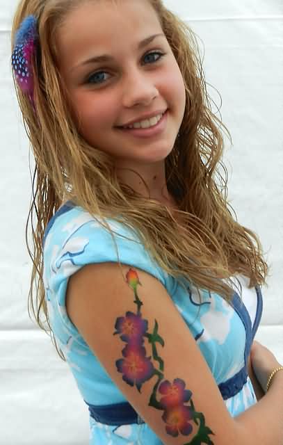 Colorful Airbrush Flowers Tattoo On Girl Right Half Sleeve