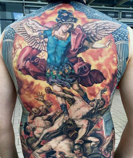 Colorful Archangel Michael Tattoo On Man Full Back