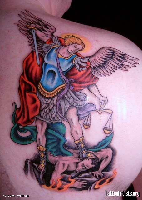 Colorful Archangel Michael Tattoo On Man Right Back Shoulder