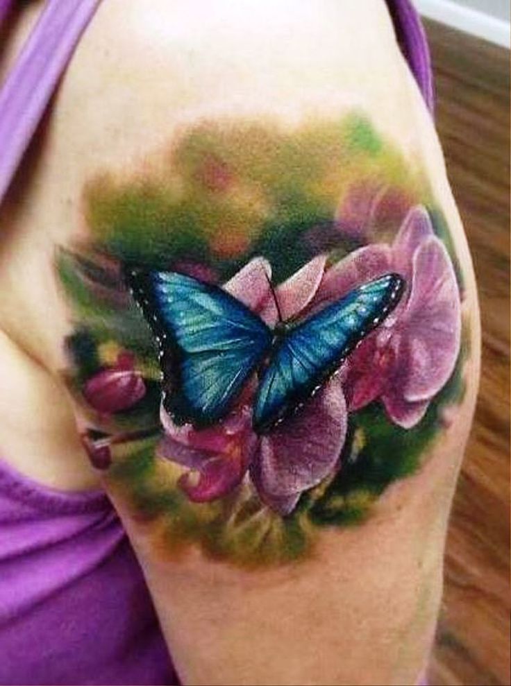 Colorful Butterfly Tattoo On Girl Left Shoulder