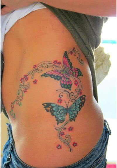 Colorful Butterfly Tattoo On Girl Side Rib