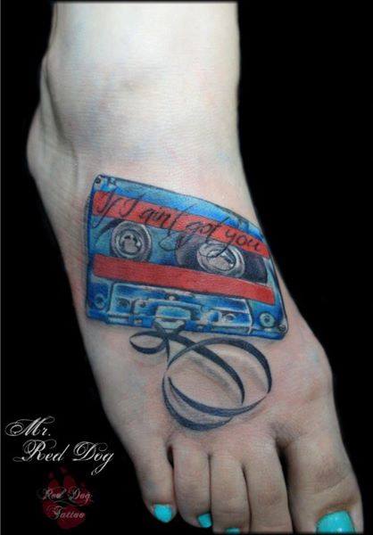 Colorful Cassette Tattoo On Girl Right Foot