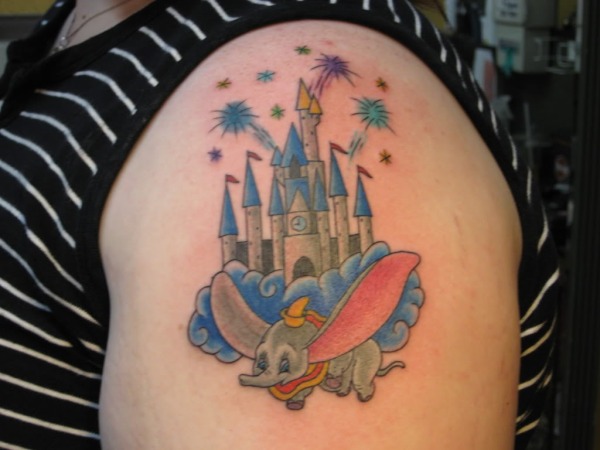 Colorful Castle With Dumbo Tattoo On Left Shoulder