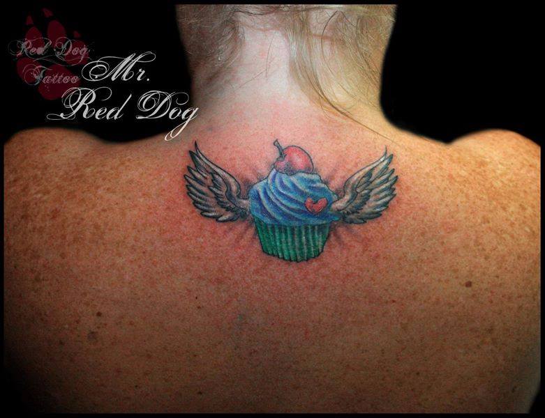 Colorful Cupcake With Wings Tattoo On Upper Back