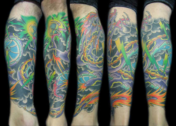 Colorful Dragon Tattoo On Leg Calf
