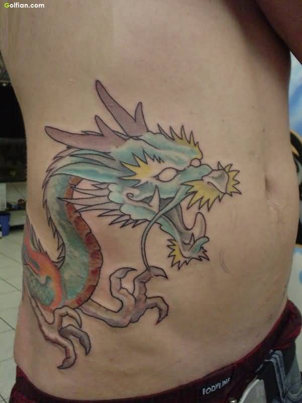 Colorful Dragon Tattoo On Man Right Side Rib
