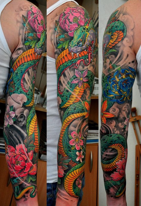Colorful Dragon With Flowers Tattoo On Man Left Full Sleeve