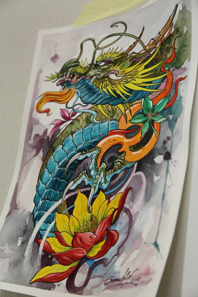 Colorful Dragon With Lotus Flower Tattoo Design By Dmitriy Samohin