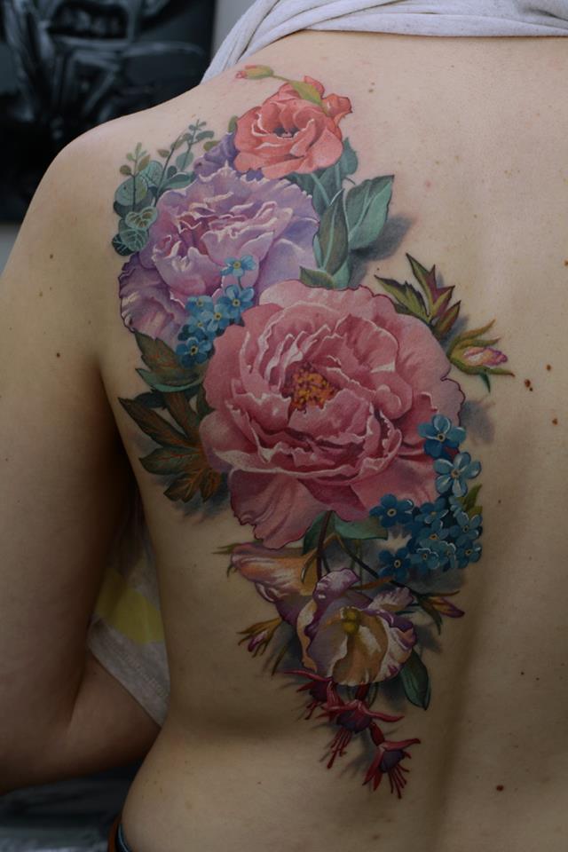 Colorful Flowers Tattoo On Left Back Shoulder By Dmitriy Samohin