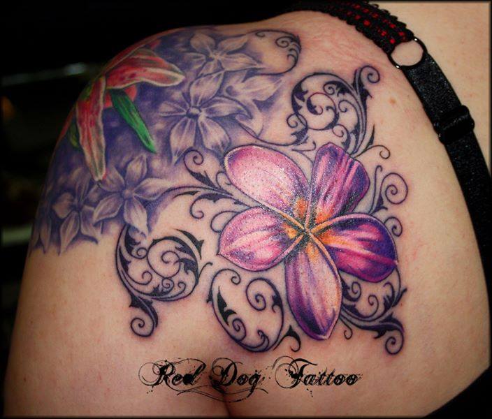 Colorful Flowers Tattoo On Left Back Shoulder