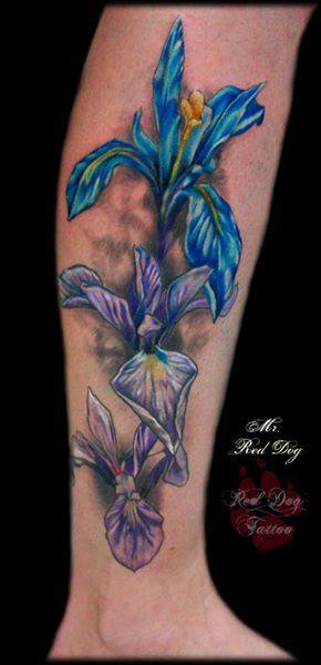 Colorful Flowers Tattoo On Right Leg