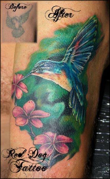 Colorful Flying Bird With Flowers Tattoo Design For Sleeve