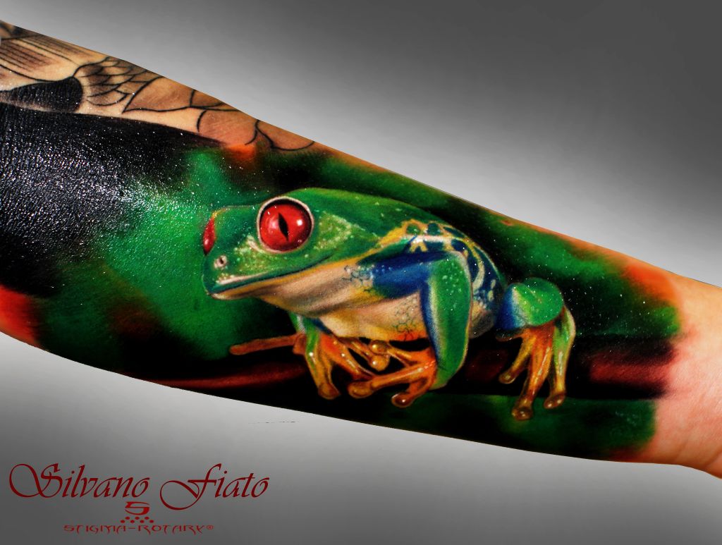 Colorful Frog Tattoo On Arm Sleeve